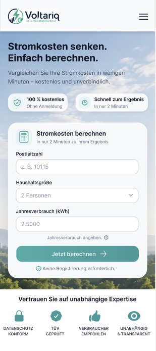 Electricity cost calculator, mobile view
